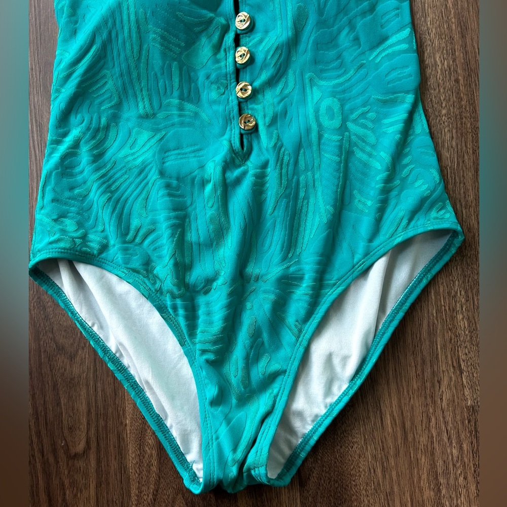 ST. JOHN SWIM Teal Textured V-Neck One Piece Henley Swimsuit Luxury Designer 10 - Picture 5 of 14